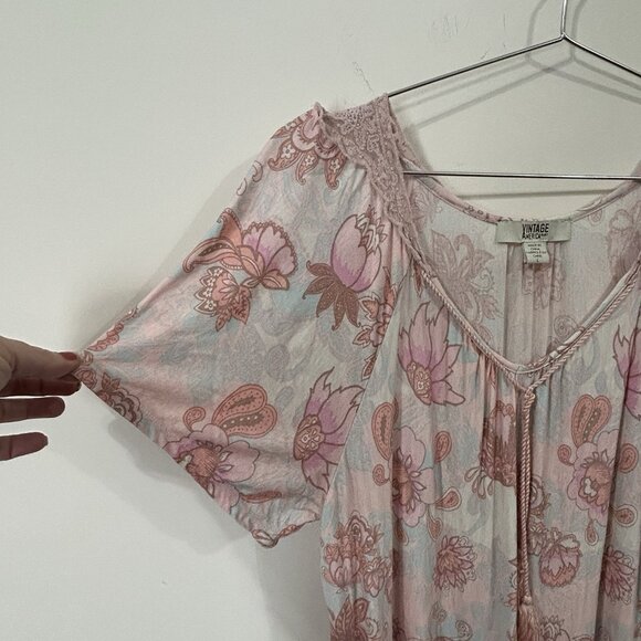 VINTAGE AMERICA BLUES Top L Floral Knit Tassel Tie Lace SS V-Neck Tunic Oversize - Picture 4 of 7